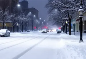 A snowy Indianapolis street during the winter storm