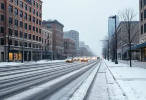 Winter storm in Indianapolis with snow-covered streets