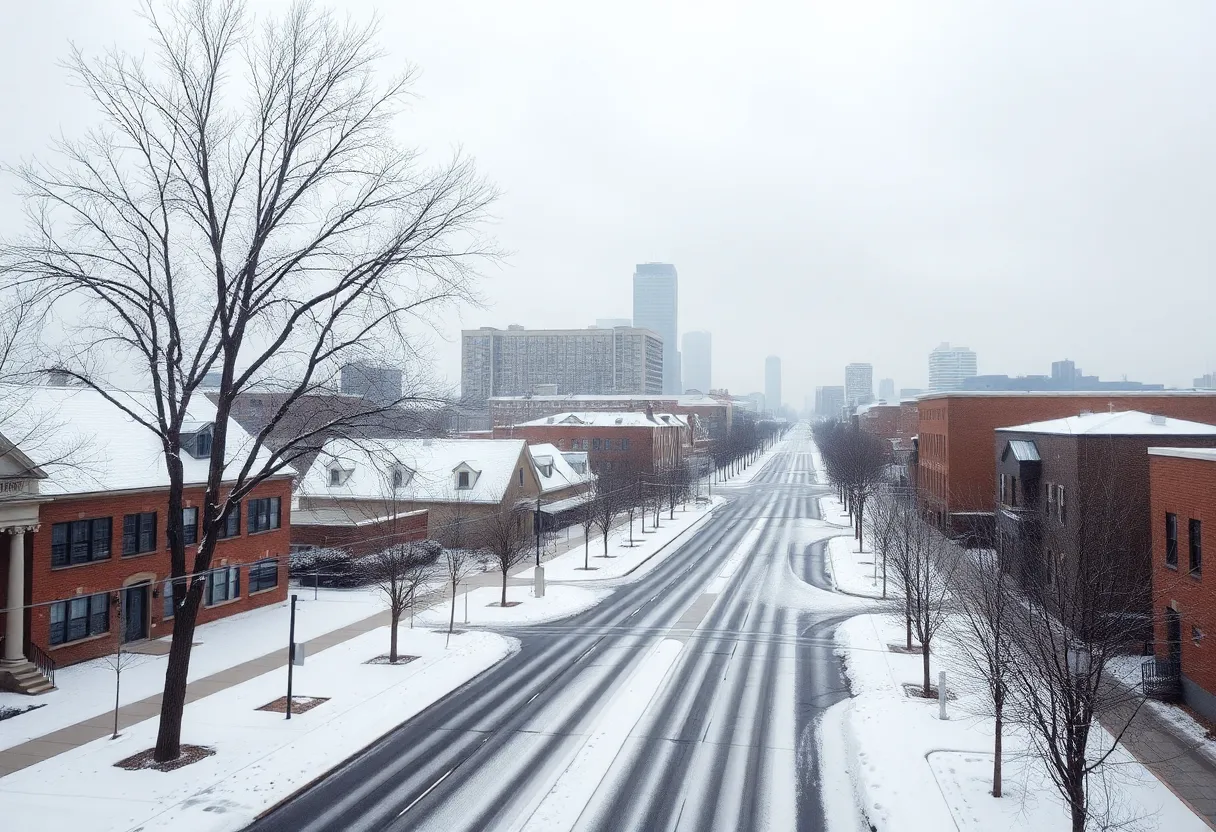 Snow-covered streets of Indianapolis during a cold winter day