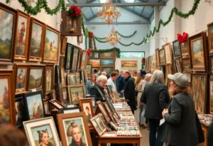 Visitors at the Indy Art Center's Winter Art Sale exploring handmade local art.