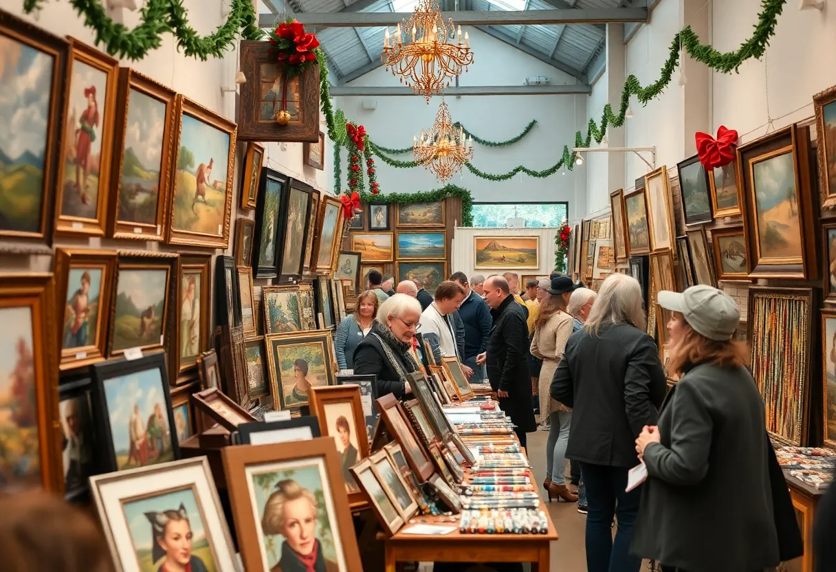 Visitors at the Indy Art Center's Winter Art Sale exploring handmade local art.