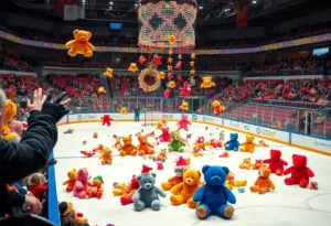 Fans throwing teddy bears onto the ice during the Indy Fuel Teddy Bear Toss