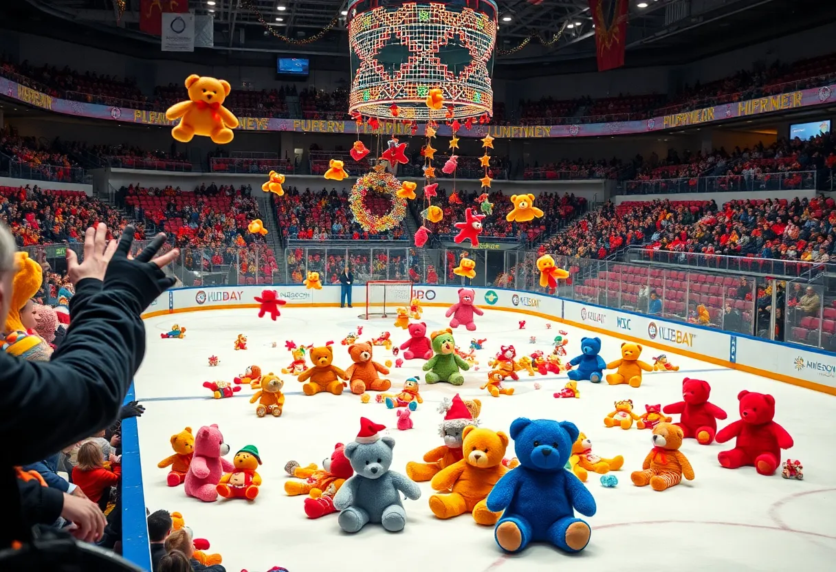 Fans throwing teddy bears onto the ice during the Indy Fuel Teddy Bear Toss