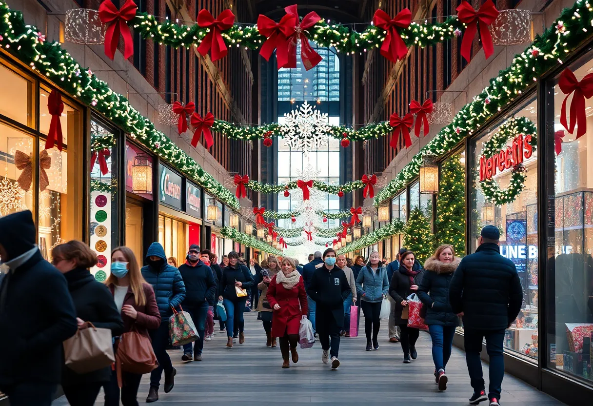 Festive holiday shopping in Indianapolis with decorations and shoppers.