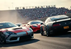 A thrilling moment from an INDYCAR racing event highlighting cars and spectators.