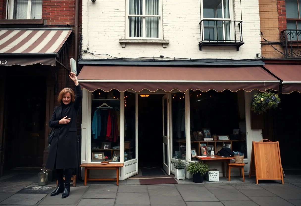 Quiet street scene outside a boutique after a shooting incident