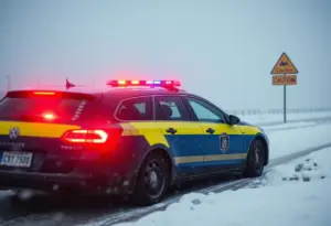 Police car on snowy highway after crash
