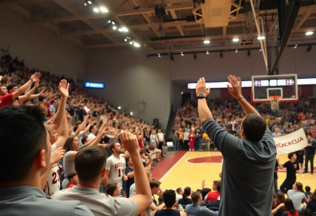 Scene from the basketball game between IU Indianapolis Jaguars and Detroit Mercy Titans with fans cheering.