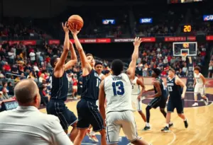 IU Indianapolis Jaguars basketball team celebrating their victory over the Detroit Mercy Titans