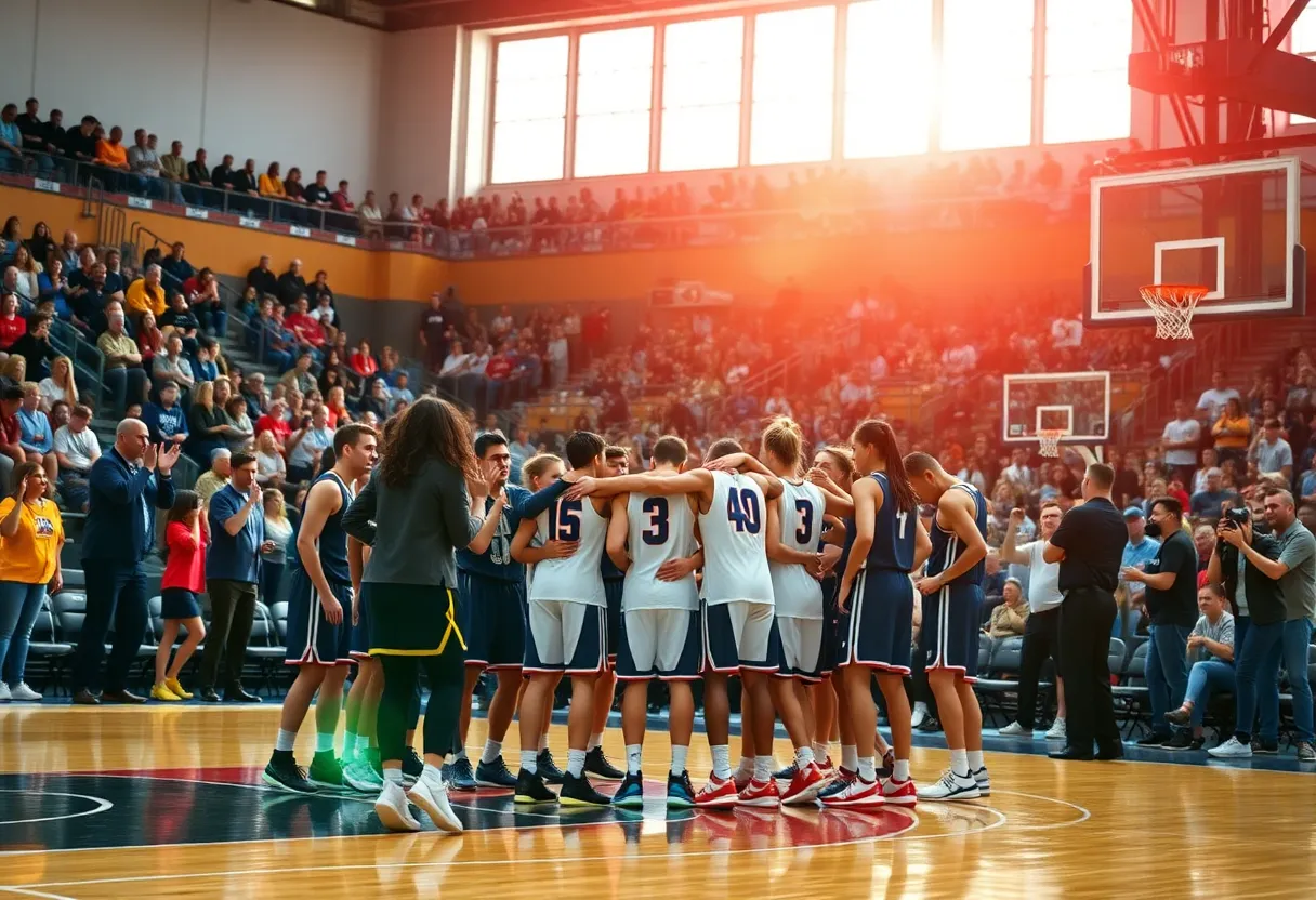 Basketball court during a game with enthusiastic fans
