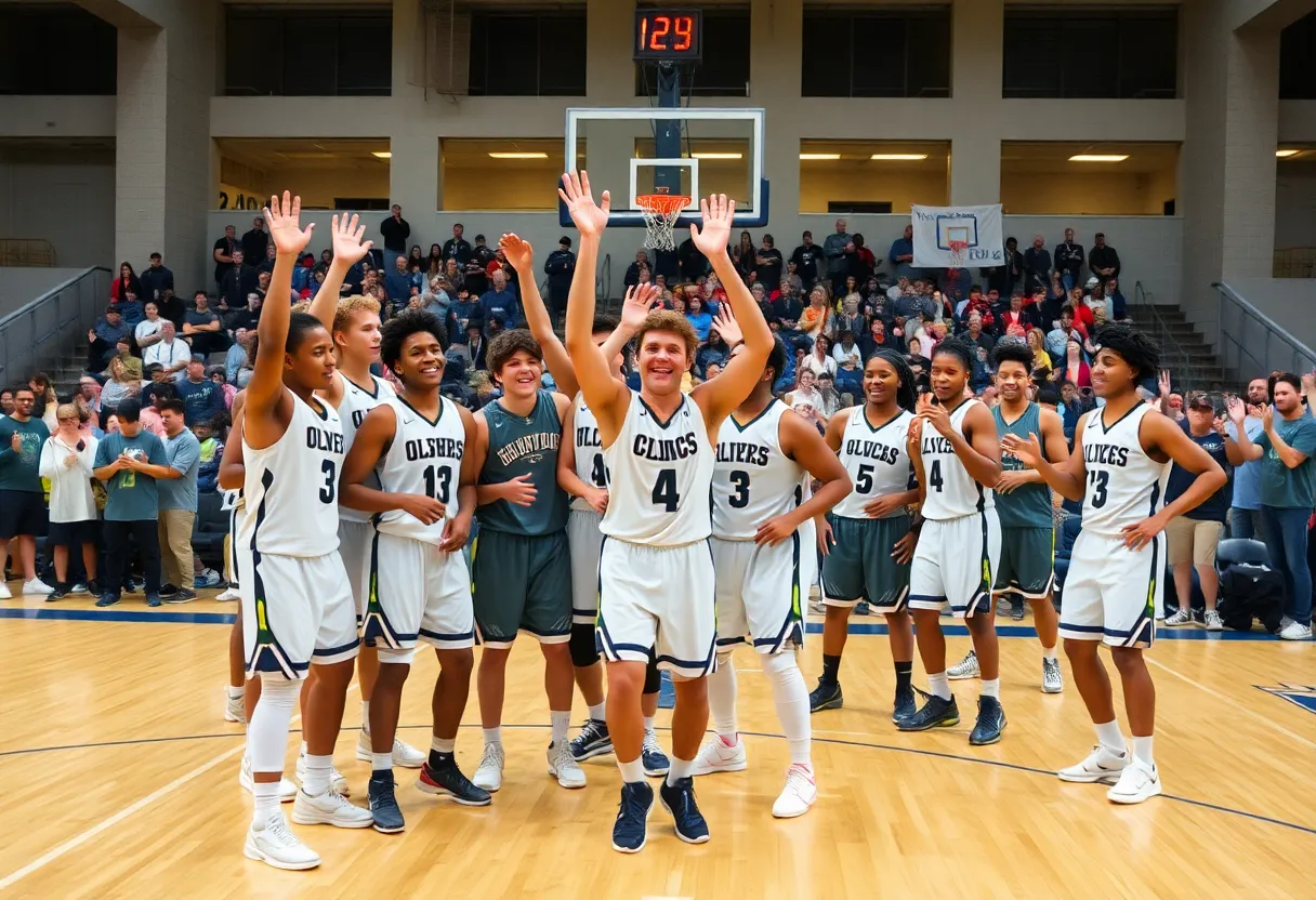 IU Indianapolis Jaguars basketball team celebrating their victory
