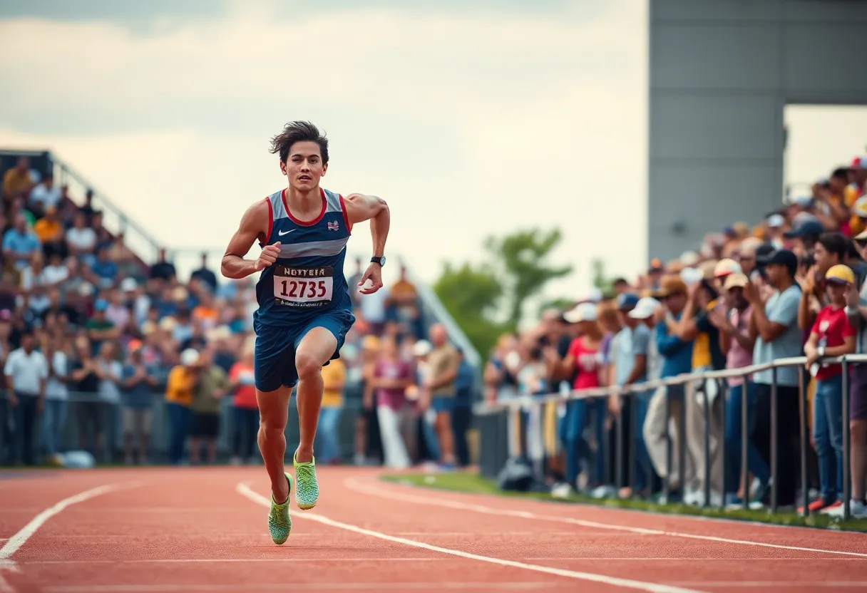 A collegiate track athlete sprinting down the track during a race.