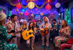 People enjoying a pajama party at the Kinzie Sikz event with live music.