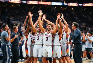 New York Knicks players celebrating after a game win.