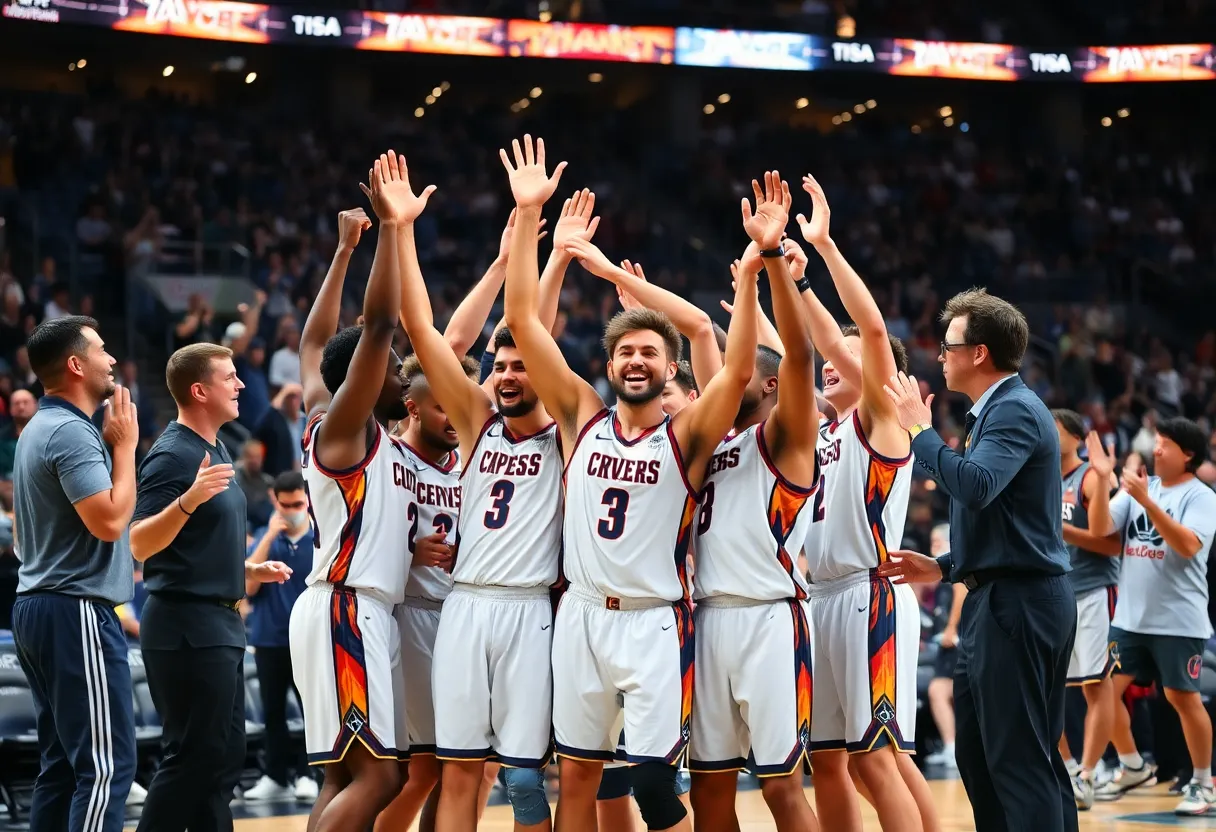 New York Knicks players celebrating after a game win.
