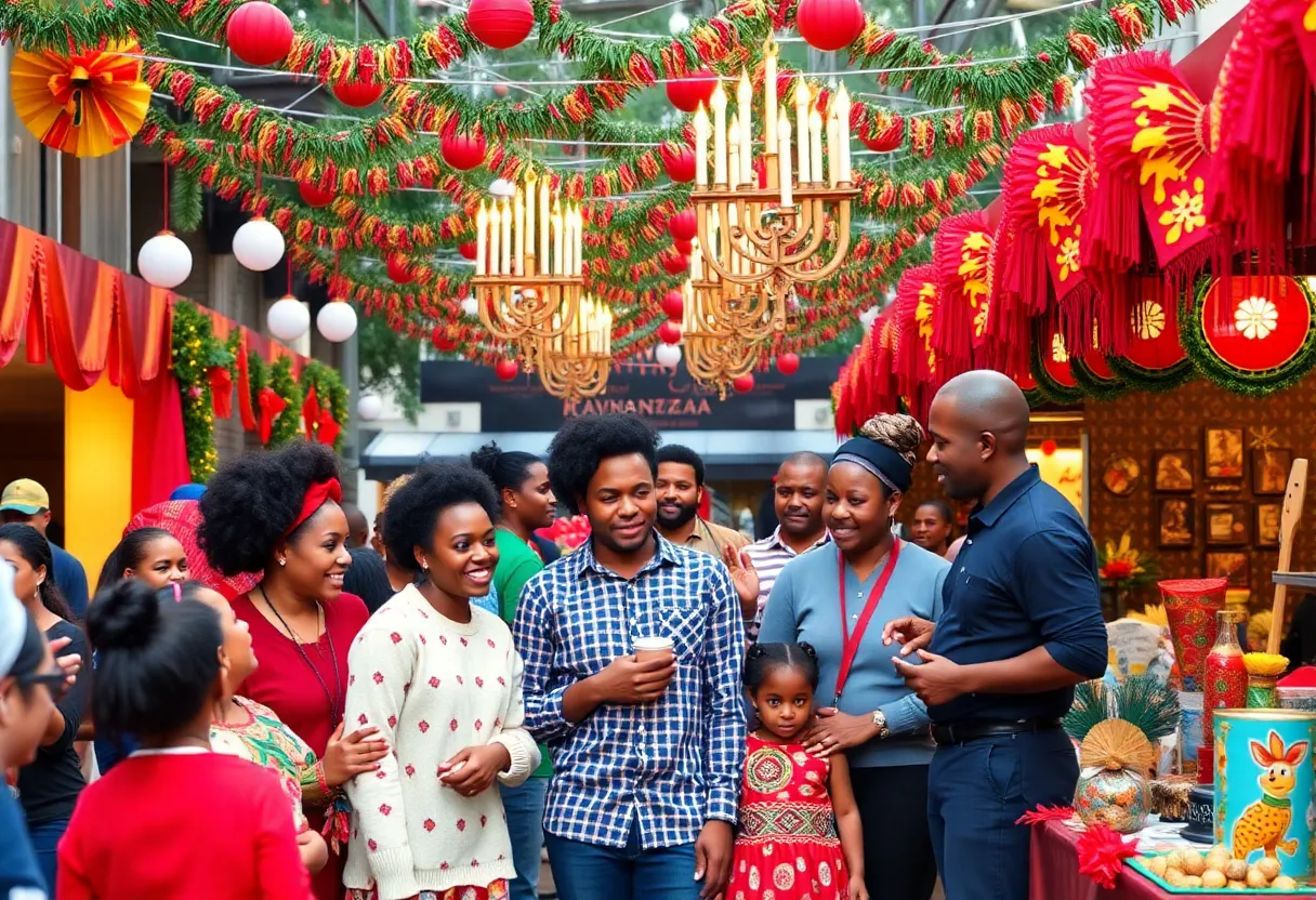 Community members enjoying a Kwanzaa celebration in Indianapolis with traditional activities