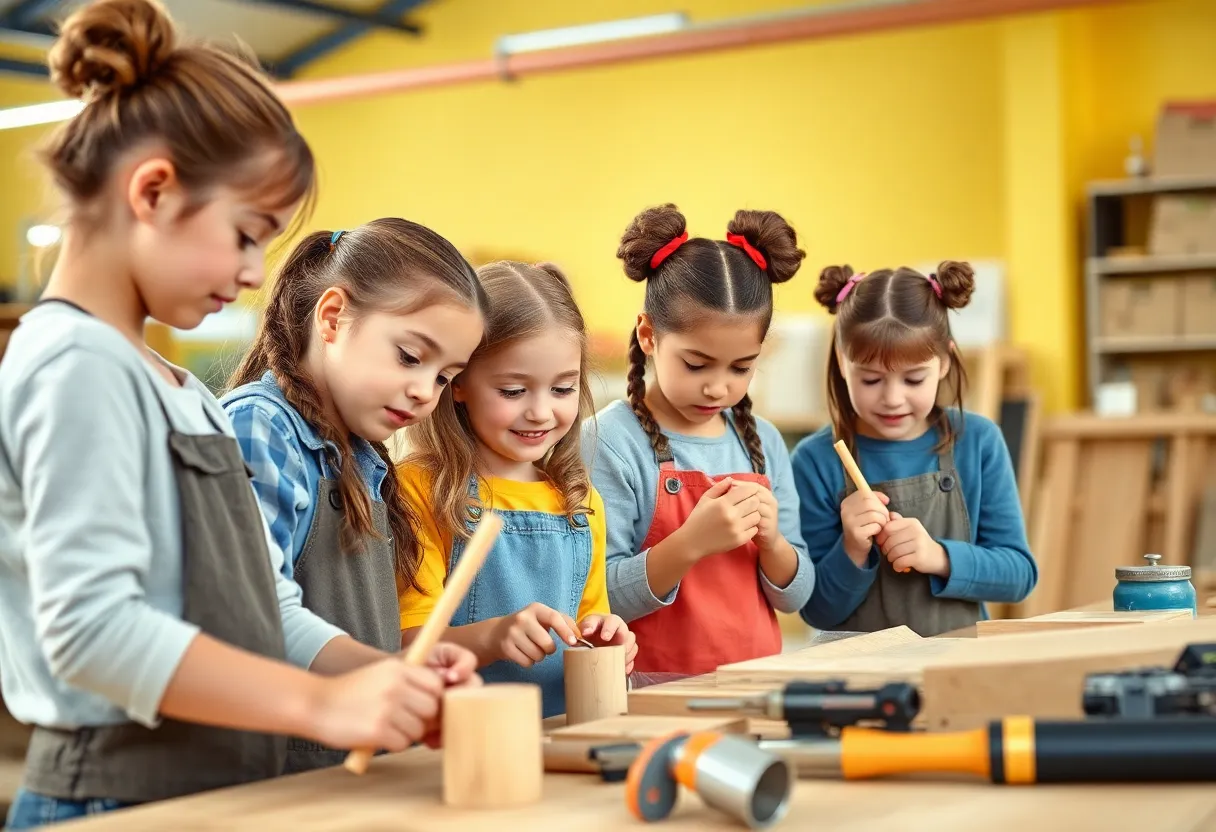 Young girls participating in a construction workshop at Ladies Under Construction.