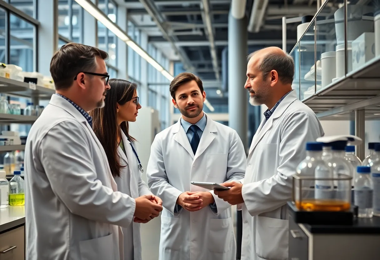 Researchers collaborating in a modern bioscience lab.