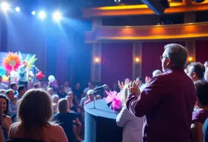 Audience participating in a live auction comedy show at the IF Theatre in Indianapolis