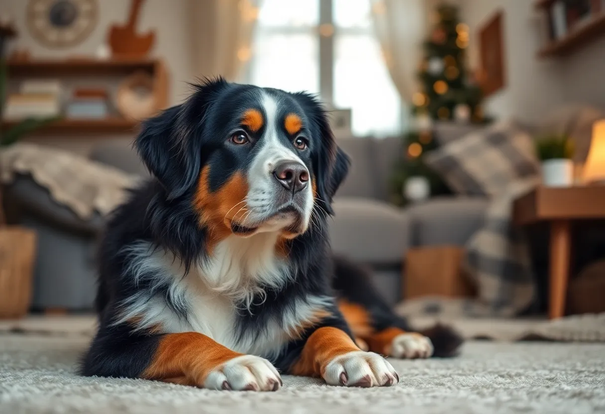 A Bernese Mountain Dog resting peacefully at home