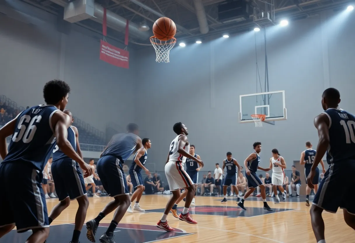 Basketball players from Louisville and Indiana competing during a game.
