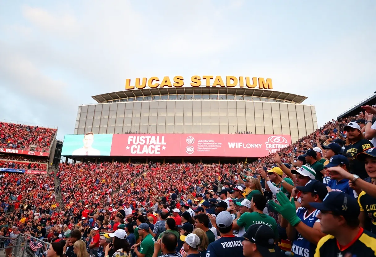 Exterior view of Lucas Oil Stadium with fans during an event.