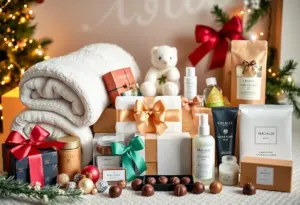 A curated selection of luxury holiday gifts including spa towels, toys, and chocolates