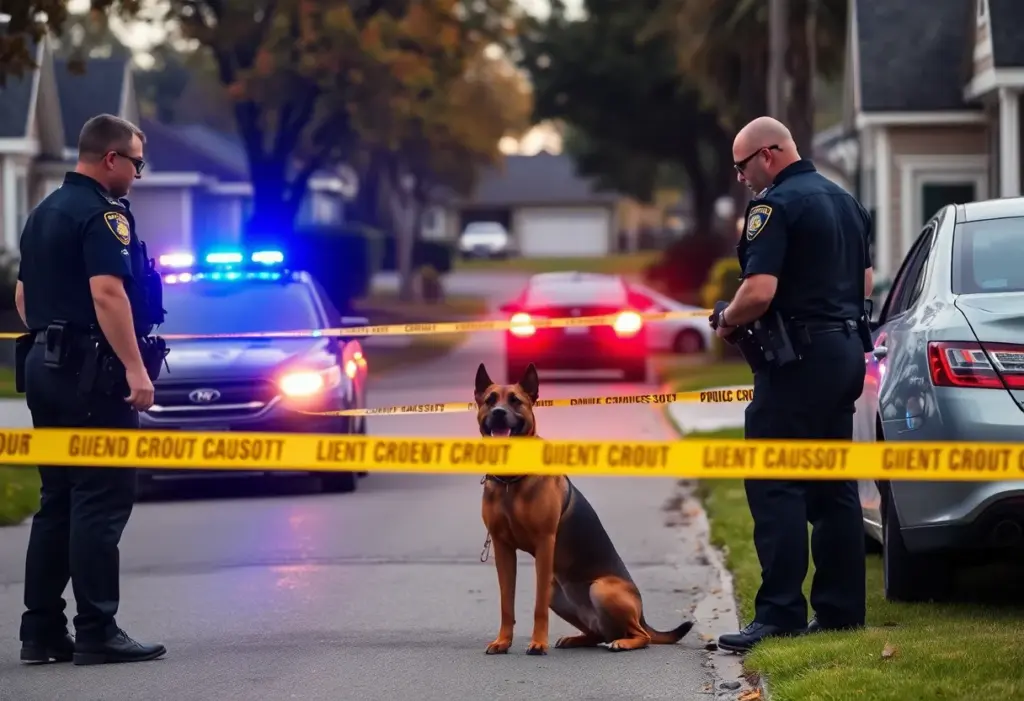 Police officers responding to an incident in Martinsville with K9 unit.