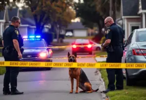 Police officers responding to an incident in Martinsville with K9 unit.