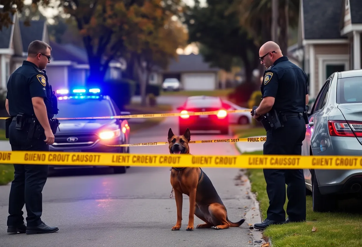 Police officers responding to an incident in Martinsville with K9 unit.