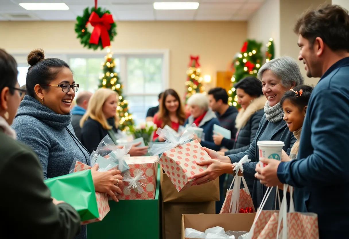 Volunteers distributing holiday gifts to families in Indianapolis