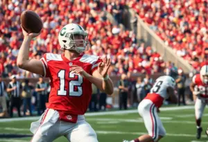 Quarterback throwing a pass during an intense football game