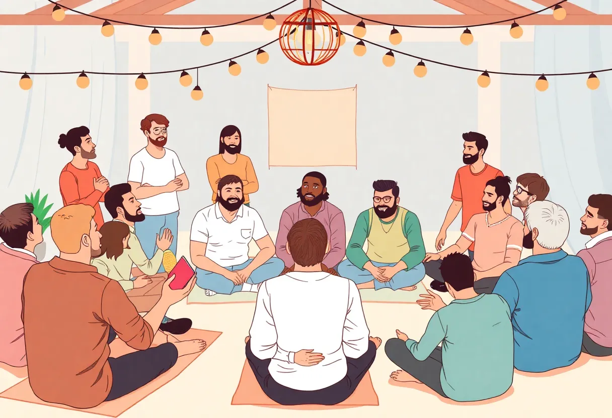 Community event promoting men's mental health with workshops and discussions