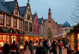 Families participating in 1800s Christmas festivities at Conner Prairie.