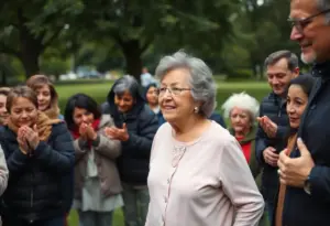 Elderly woman being helped by police in a park