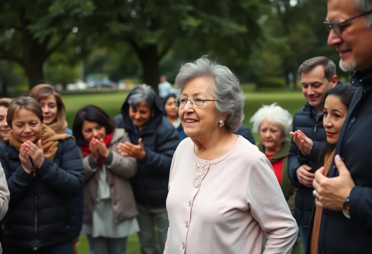 Elderly woman being helped by police in a park