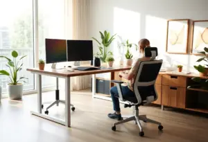 A beautifully designed modern home office with ergonomic furniture and natural lighting.
