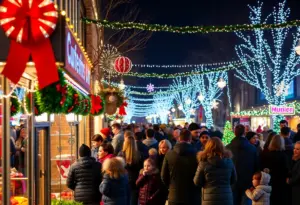 Families enjoying holiday events in Muncie, Indiana with festive decorations and lights.