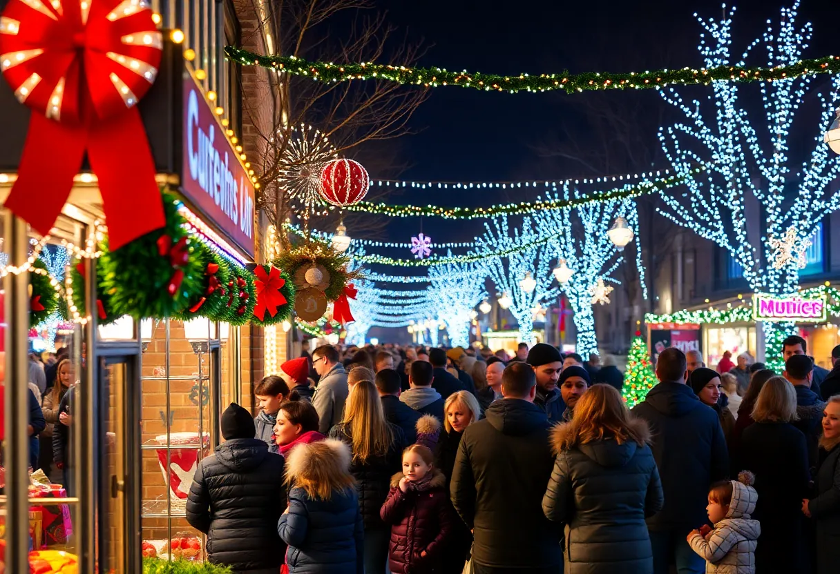 Families enjoying holiday events in Muncie, Indiana with festive decorations and lights.