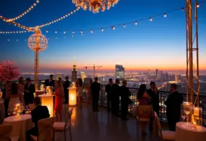 Guests enjoying a luxurious New Year's Eve celebration at Astrea Rooftop with a view of the city skyline.