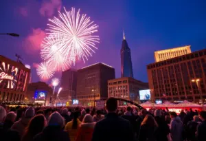 Celebration in downtown Indianapolis with fireworks