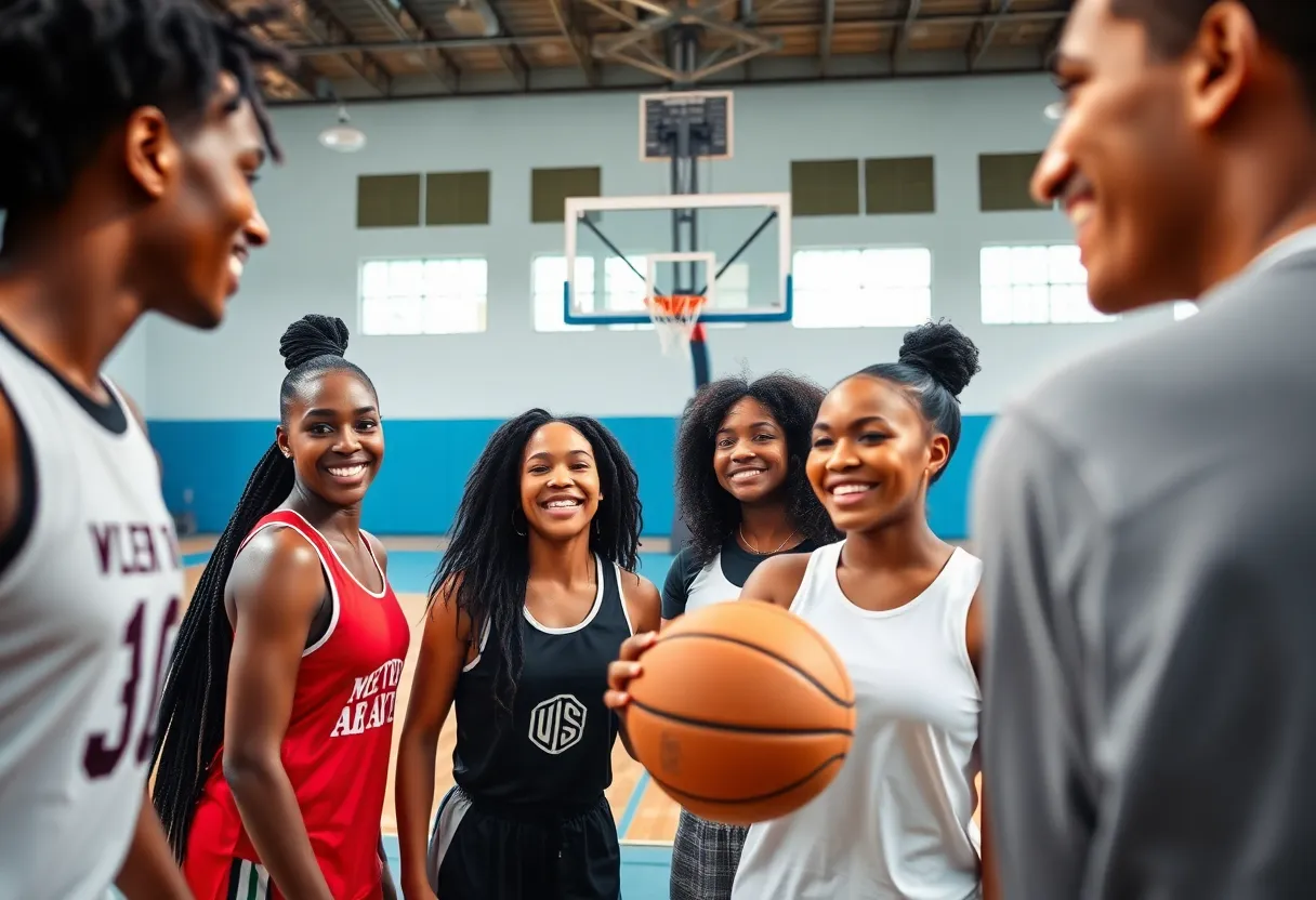 A diverse group of athletes displaying camaraderie on a basketball court for Nike's campaign.