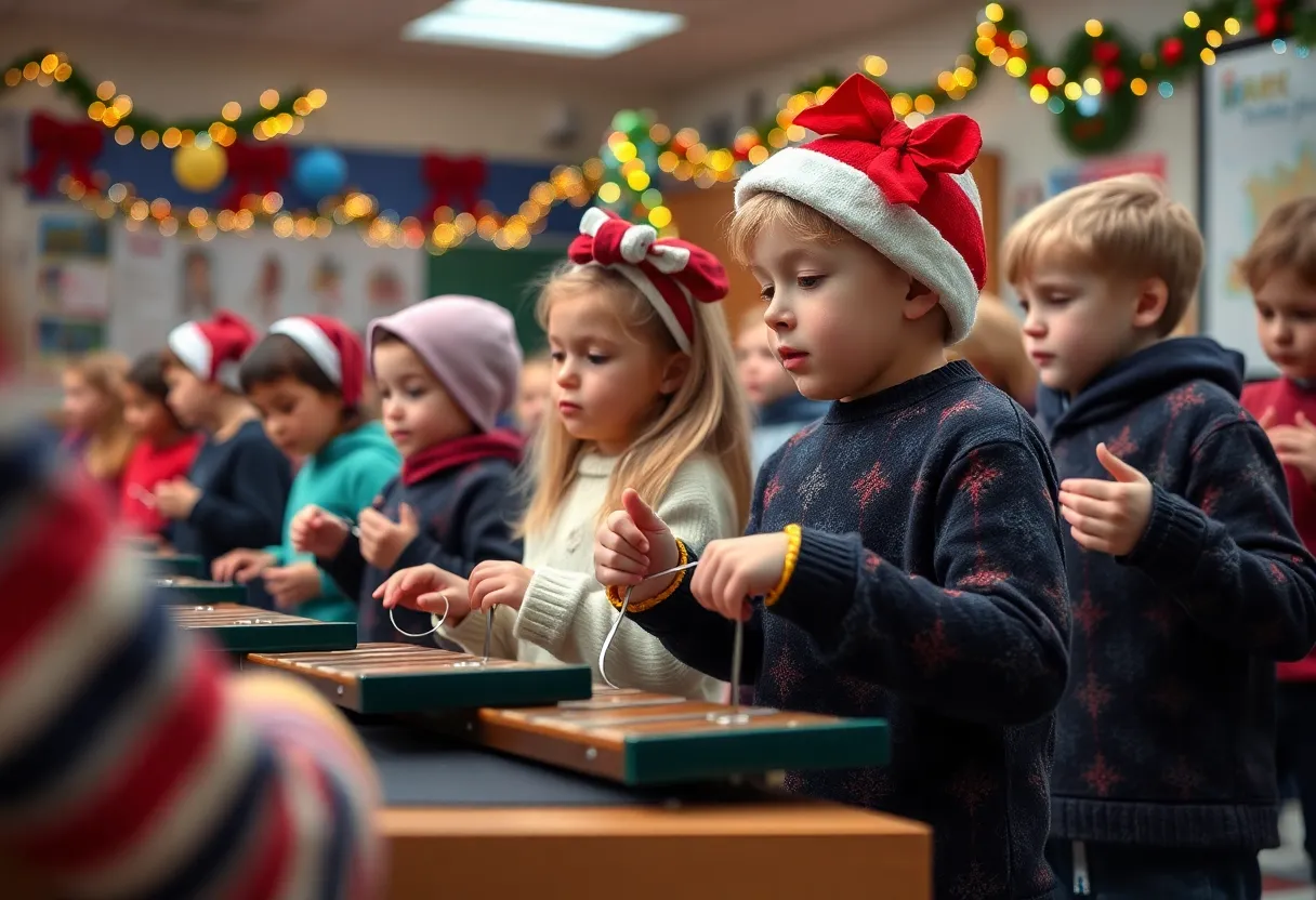 Students performing with handchimes during holiday event.