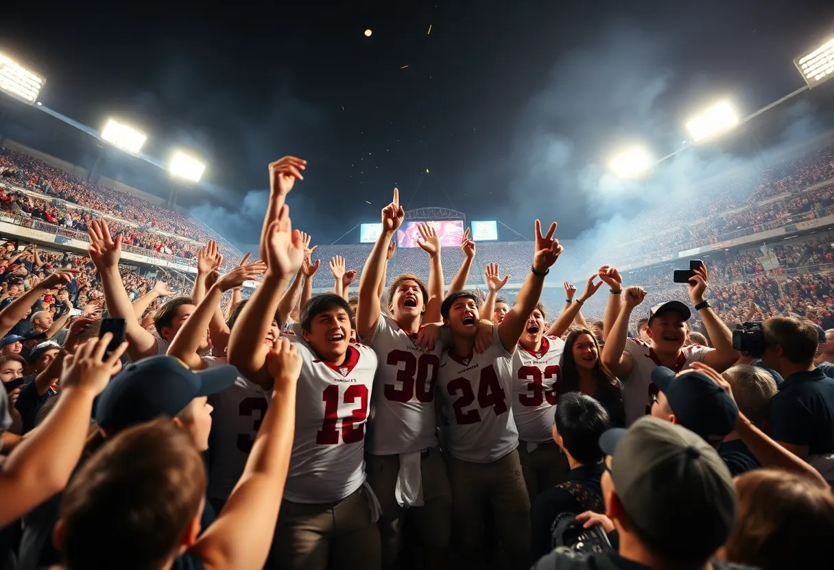 Ohio State football team celebrating their victory over Michigan in the stadium.