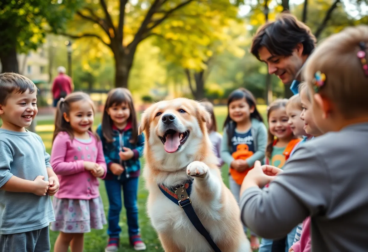 Therapy dog performing tricks for children and adults in a park