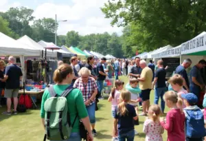 A bustling outdoor expo with displays of outdoor equipment and activities at Vigo County Fairgrounds