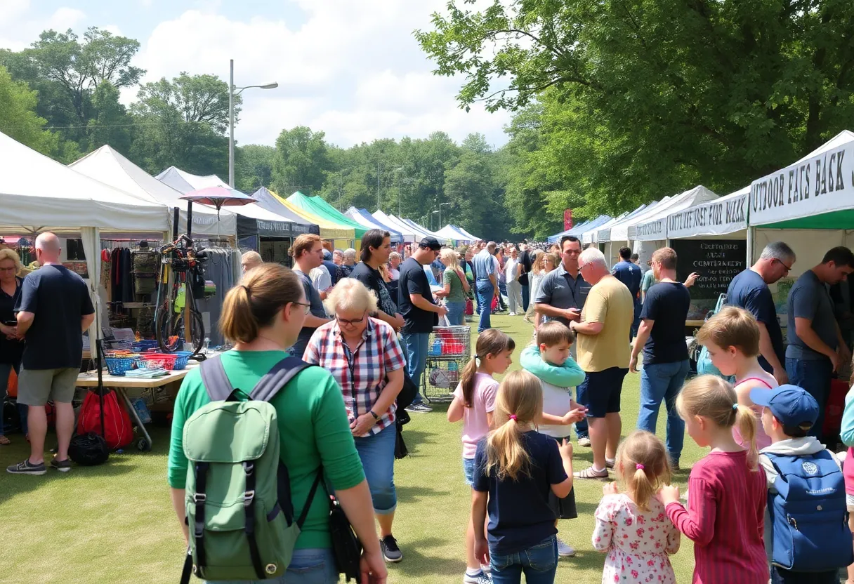 A bustling outdoor expo with displays of outdoor equipment and activities at Vigo County Fairgrounds