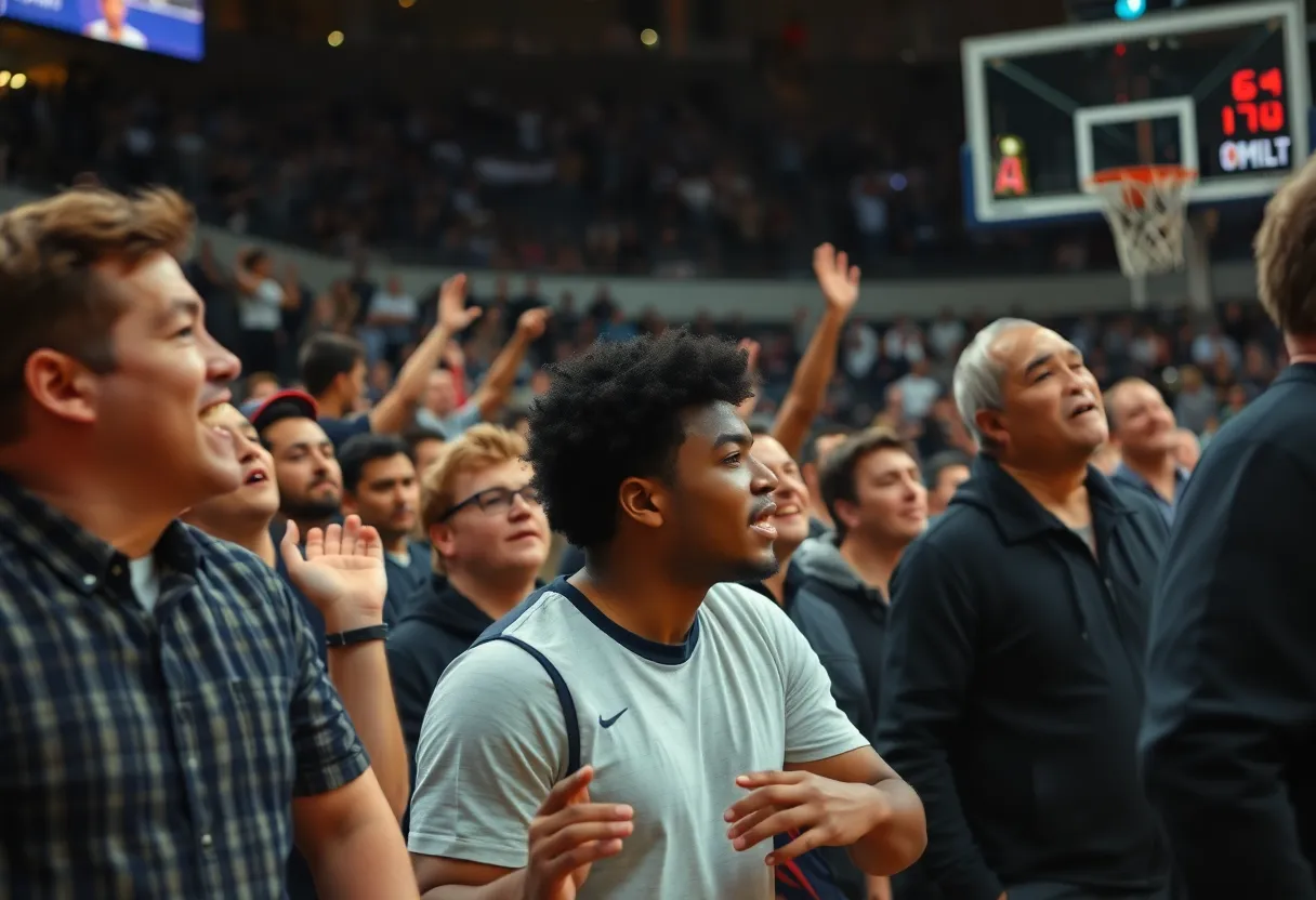 Fans at a basketball game witnessing an incident