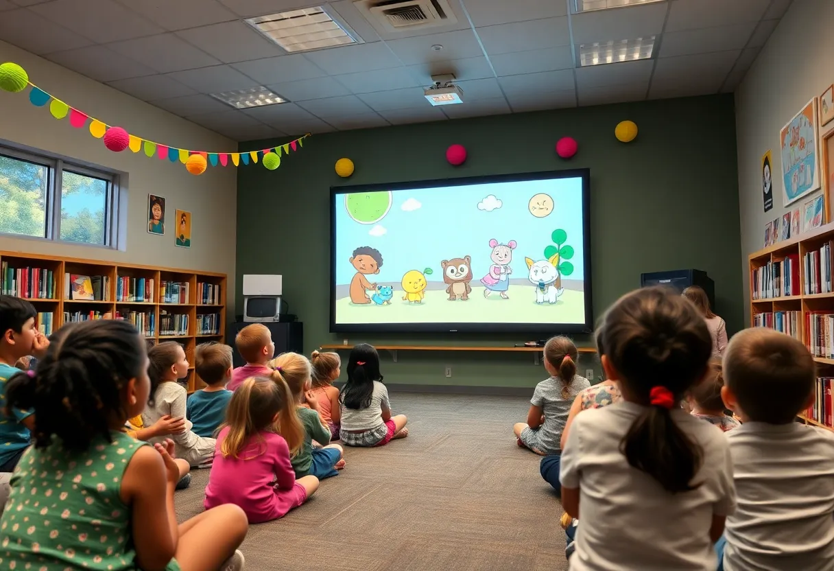 Families enjoying a PBS Kids screening event at the library