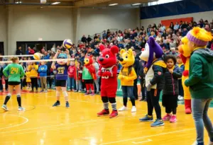 Community celebration with volleyball activities and mascots.
